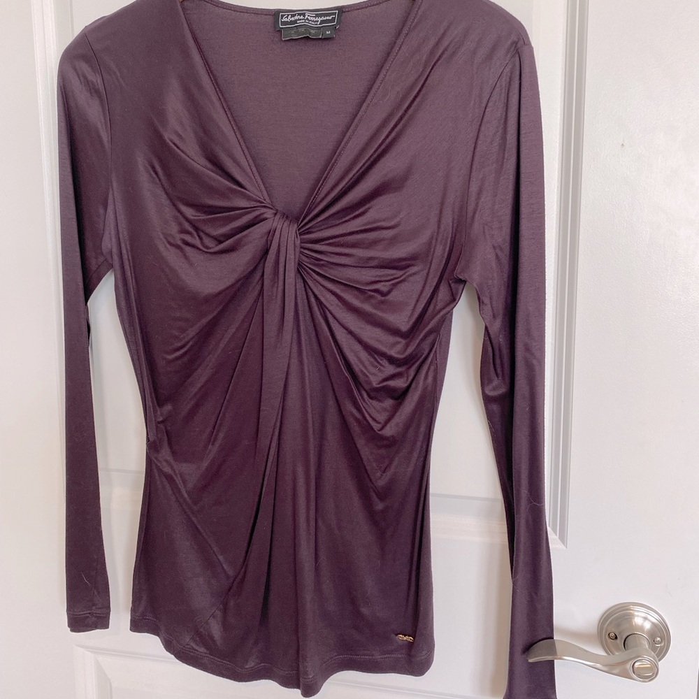 Salvatore Ferragamo dusty purple silk blend knit top with twist neckline.